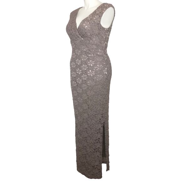 Connected Apparel Dusty Taupe Maxi Sequined Lace Evening Gown- Size 12 - Picture 4 of 10